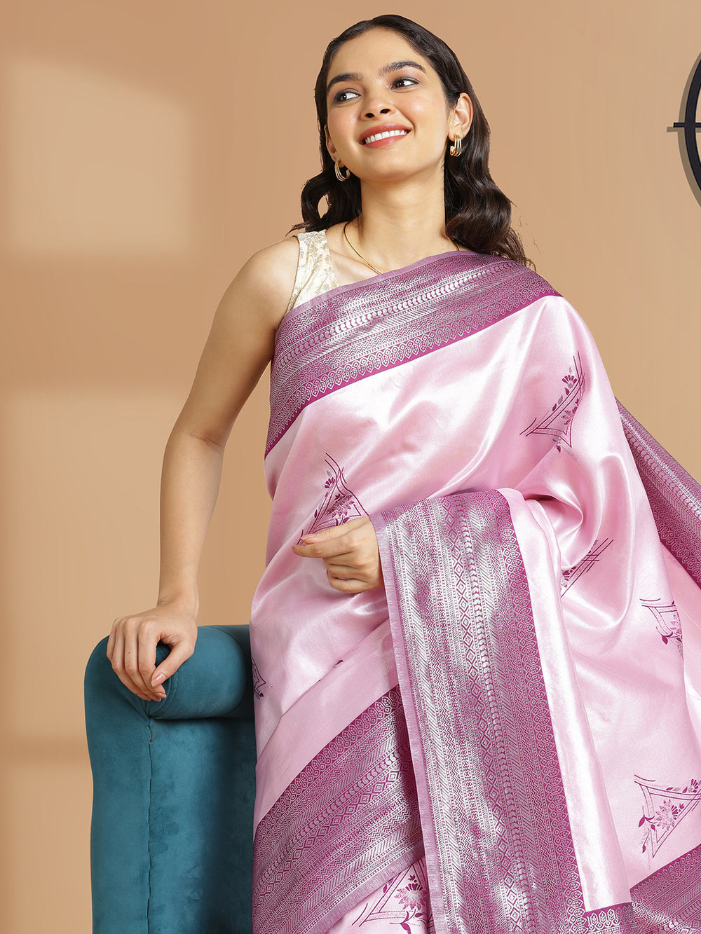 Baby Pink Color Tissue Saree With Triagle Designed Buttas Over Body And Purple Border
