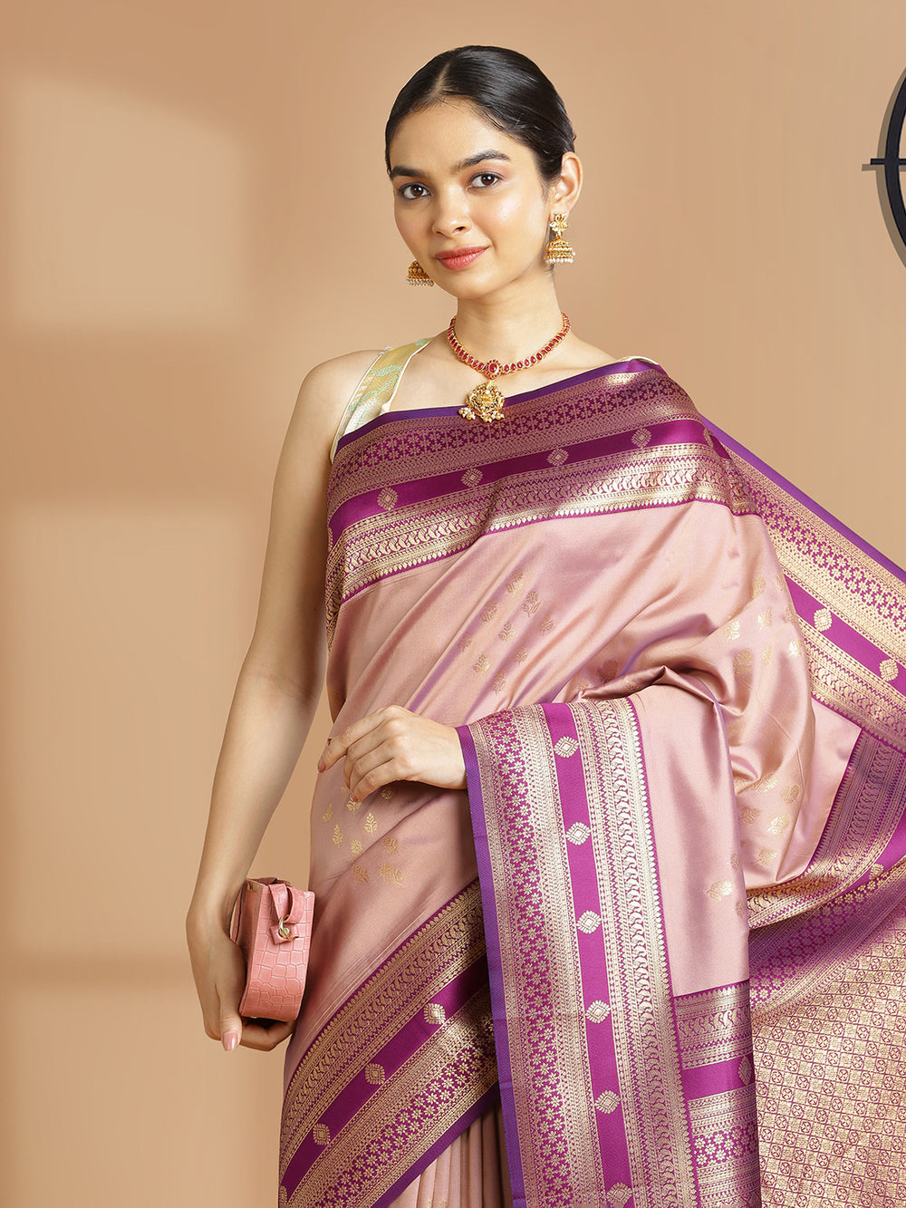 Pastel Onion Pink Color Art Silk Saree With Small Golden Buttas Over Body