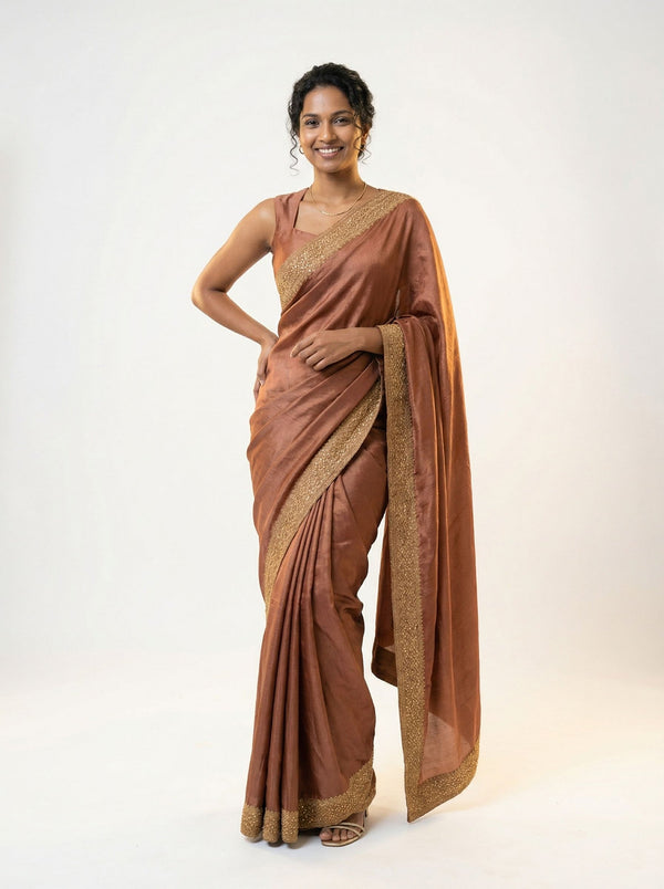 Vijithra Silk Copper Brown Zari With Stone Border Designer Saree