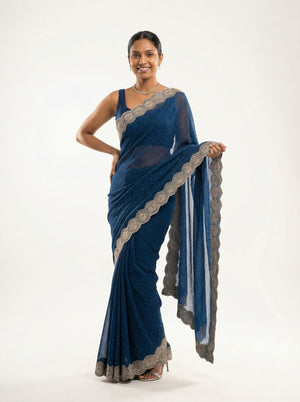 Shimmer Organza Royal Blue Plain Designer Saree with Micro Dot Work and Heavy Embroidered Border