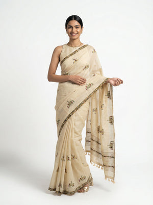 Chanderi Cotton Off White & Multicolor Floral Motif Pattern Saree