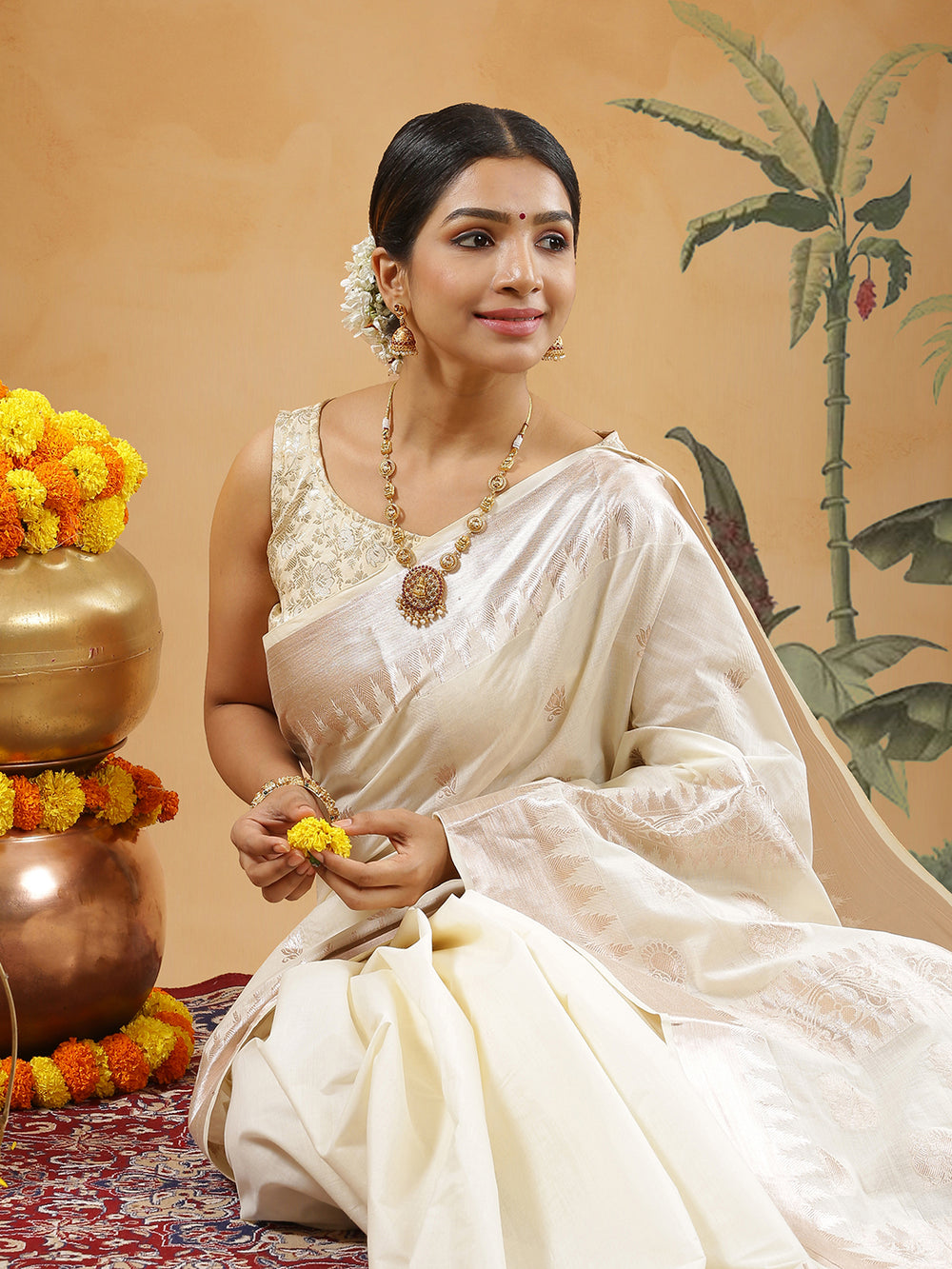Off White Color Cotton Set Saree With Rose Gold Lotus Floral Buttas And Temple Border