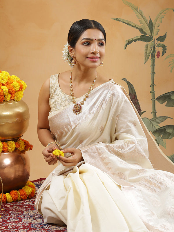 Off White Color Cotton Set Saree With Rose Gold Lotus Floral Buttas And Temple Border