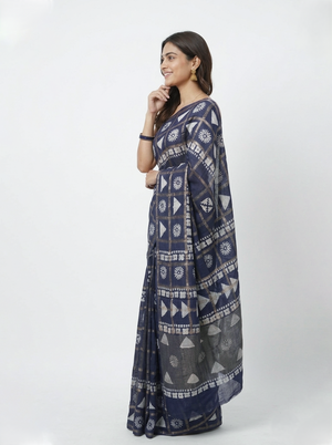 Chanderi Cotton Navy Blue Geometric Printed Saree
