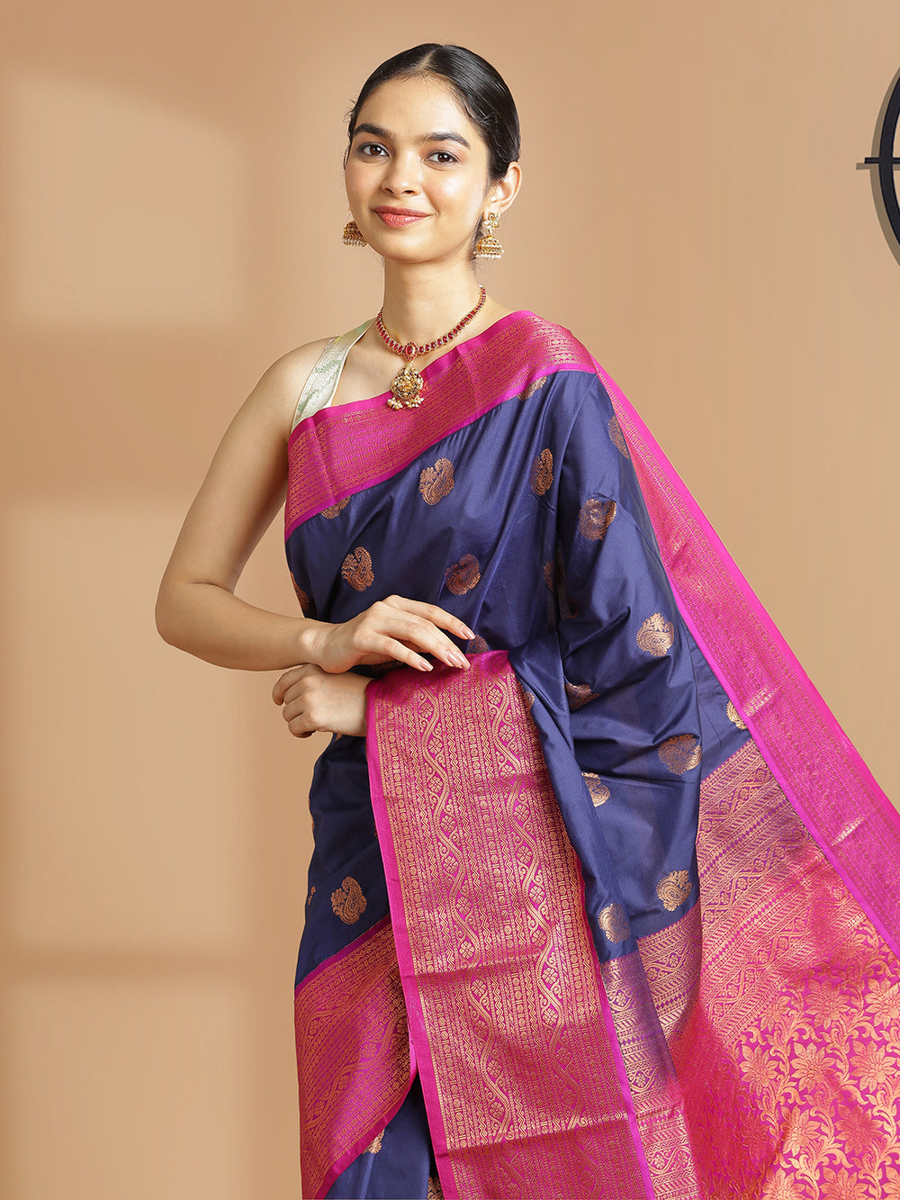 Navy Blue Color Art Silk Saree With Copper Buttas Over Body And Magenta Border