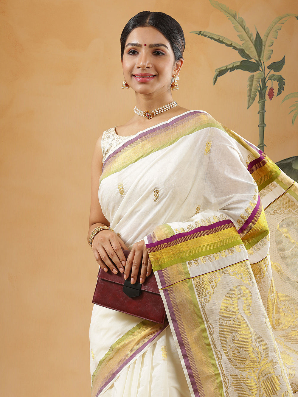 Off White Color Cotton Set Saree With Parrot Green And Purple Stripes On Golden Border