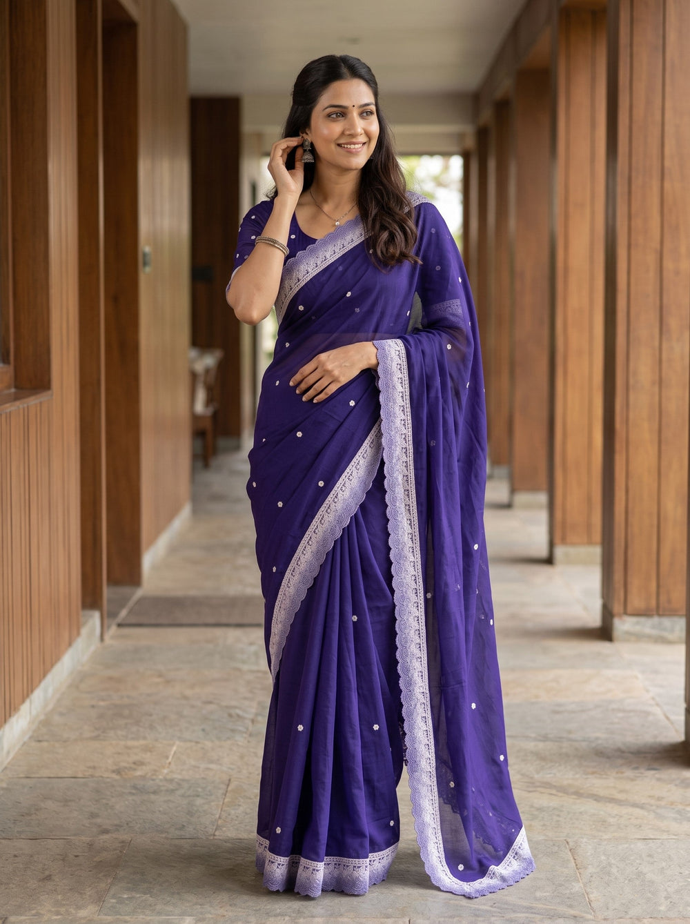 Chanderi Cotton Purple Sequin Dot Floral Lace Border Saree