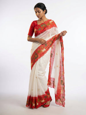 Cotton Off White Saree with Red Border and Decorative Traditional Pattern