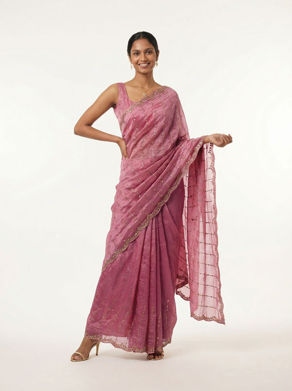 Organza Rose Pink Sequence Pattern  Striped Designer Saree
