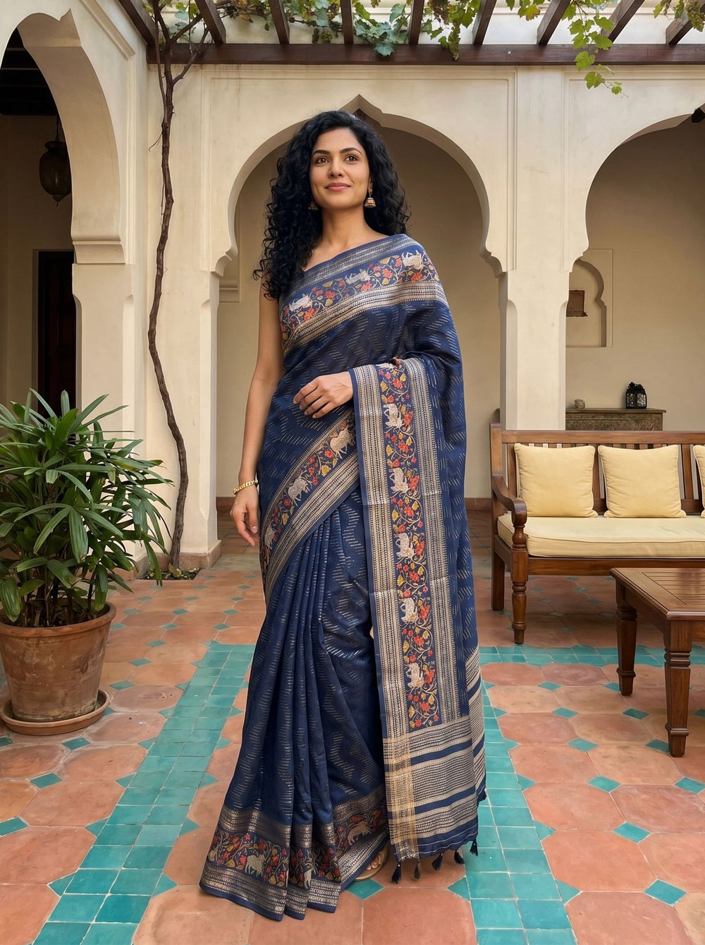 Woman in a blue saree with floral patterns standing in a courtyard.