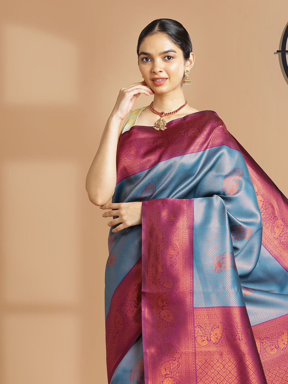 Peacock Blue Golden Woven Designed Art Silk Saree With Purple Border