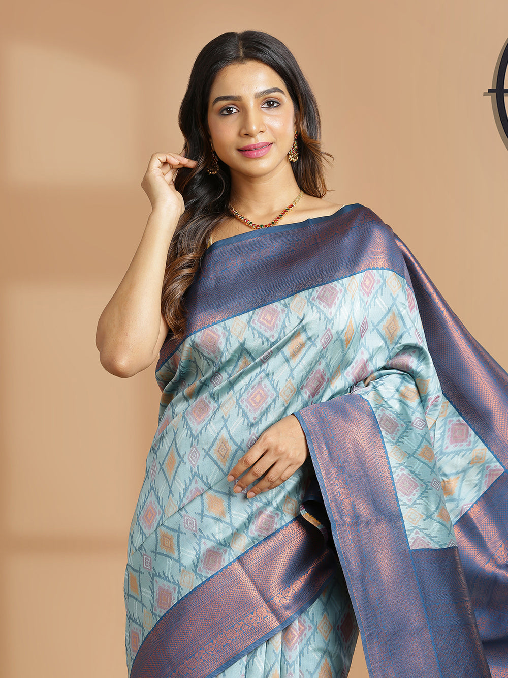 Powder Blue Art Silk Saree With Ikat Design Over Body And Teal Blue Border