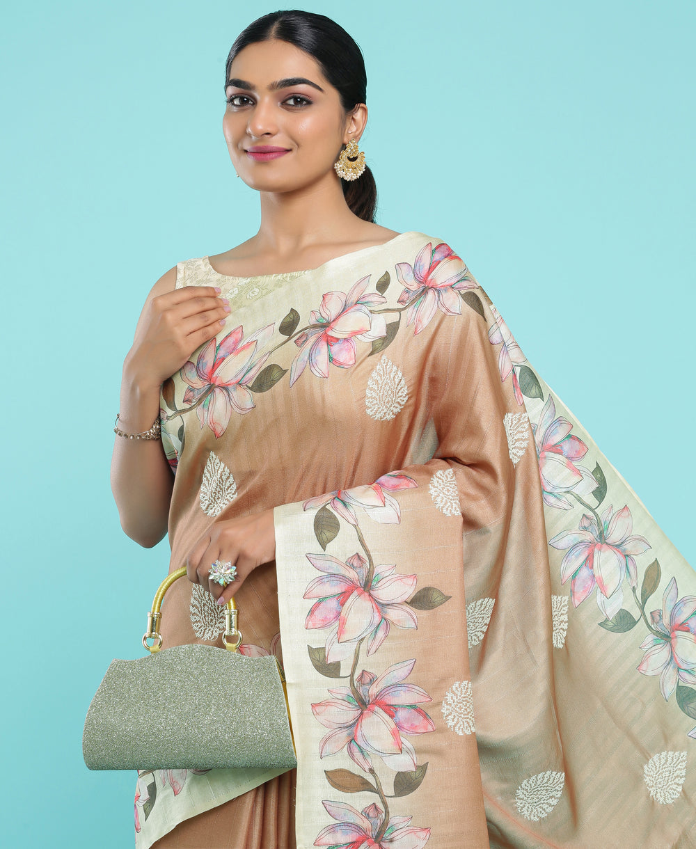 Jute Silk Floral Print Border Brown Color Saree