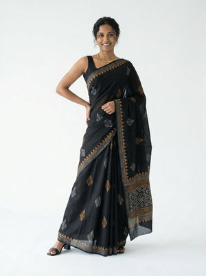 Chanderi Cotton Black Printed Ethnic Saree