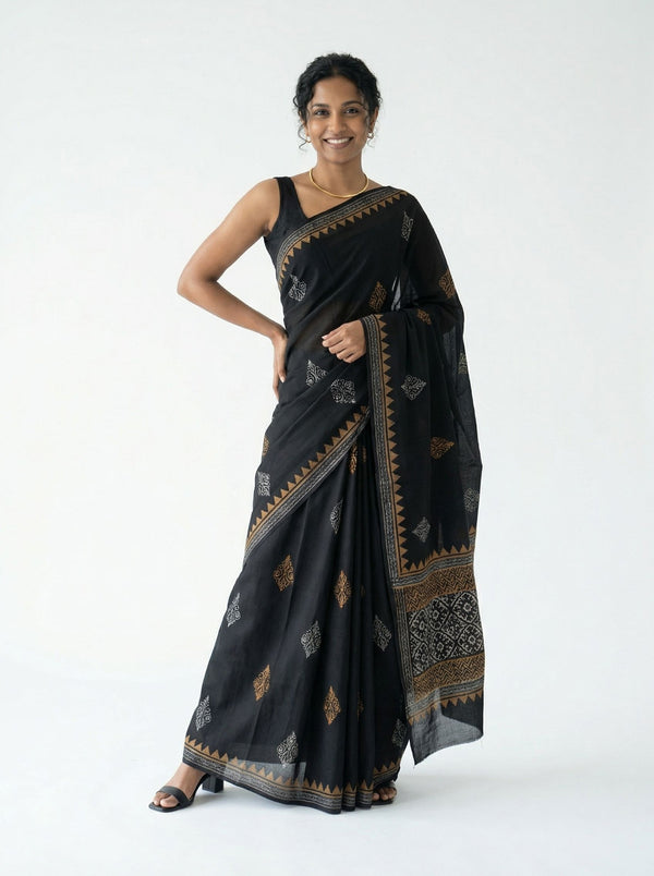 Chanderi Cotton Black Printed Ethnic Saree