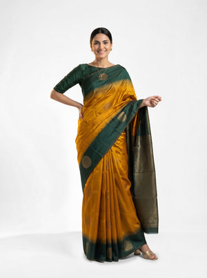 Art Silk Mustard Yellow and Dark Green Zari Woven Saree with Large Coins Butta