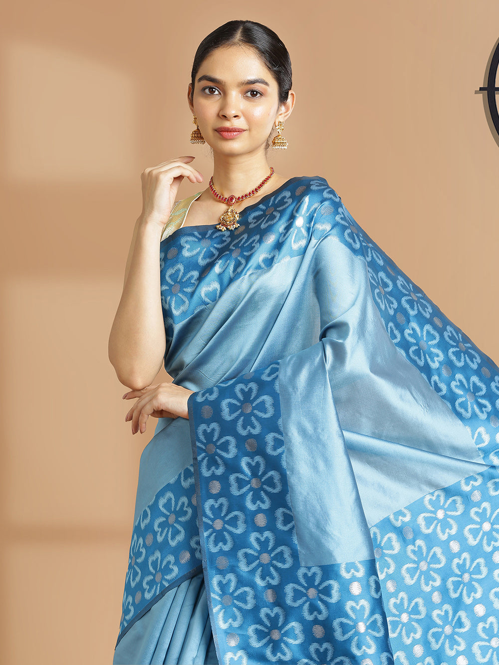 Powder Blue Color Art Silk Plain Saree With Dark Blue Floral Printed Border And Pallu