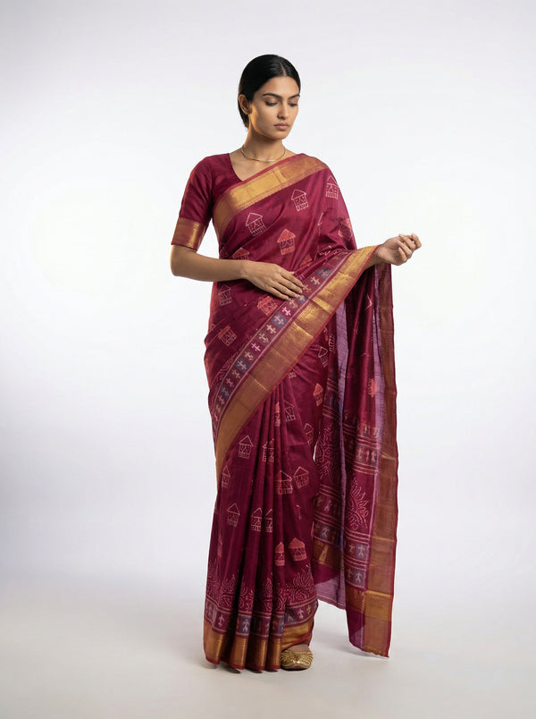 Chanderi Cotton Maroon Saree with Tribal Printed Pattern and Zari Border