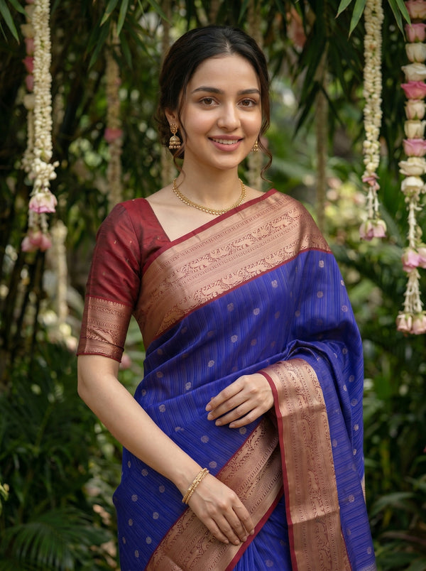 Kanjivaram Royal Blue Saree with Gold Zari Butta Pattern and Antique Gold Zari Border