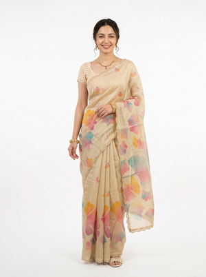 Tissue Cream Multicolor Floral Print Saree