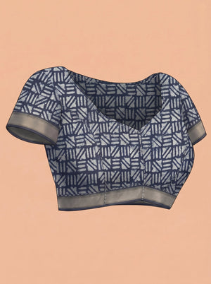 Chanderi Cotton Navy Blue Handblock Saree