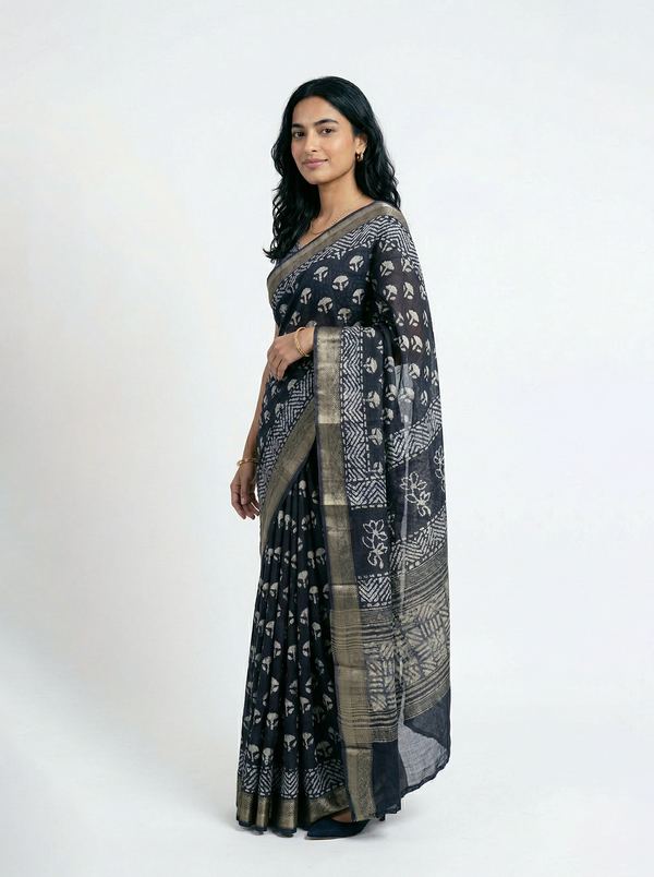 Chanderi Cotton Navy Blue Handblock Saree