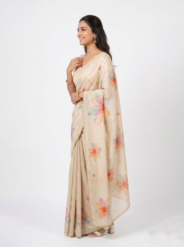 Tissue Beige Floral Print Border Saree