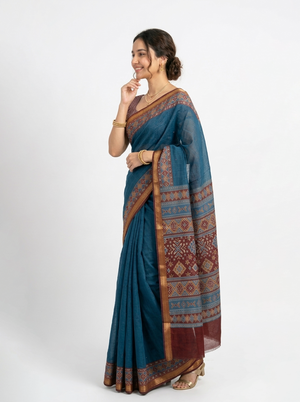 Chanderi Teal Blue Ikat Border Saree