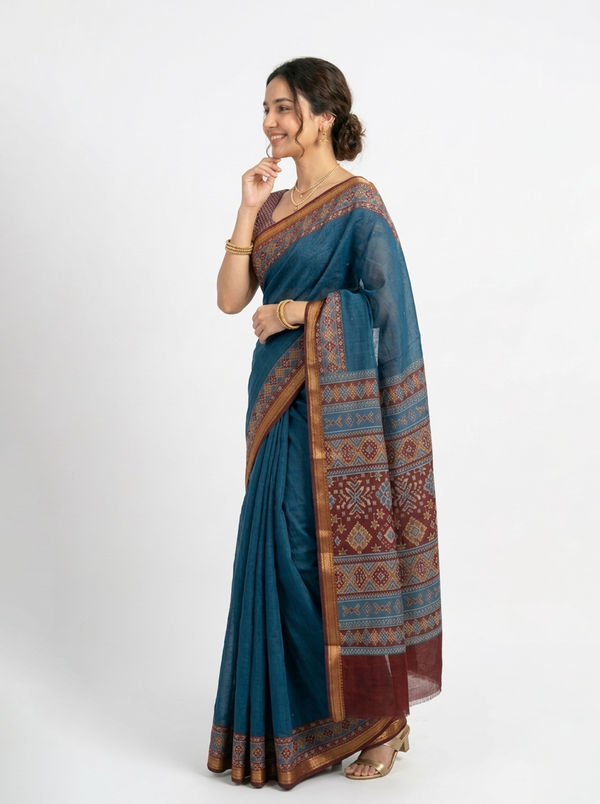 Chanderi Teal Blue Ikat Border Saree