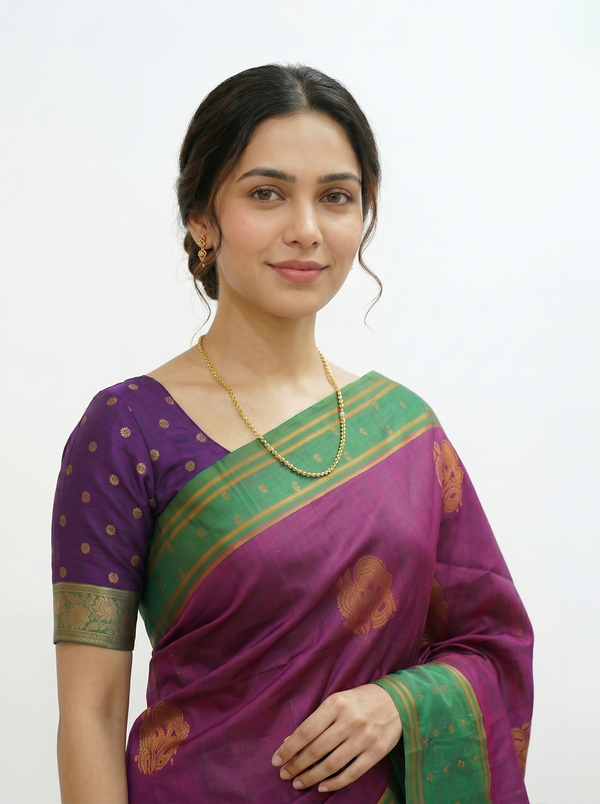 Semi Silk Magenta and Green Contrast Saree