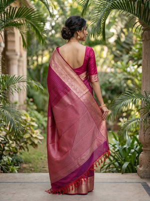 Kanjivaram Silk Magenta Pink Saree with Gold Zari Butta Design