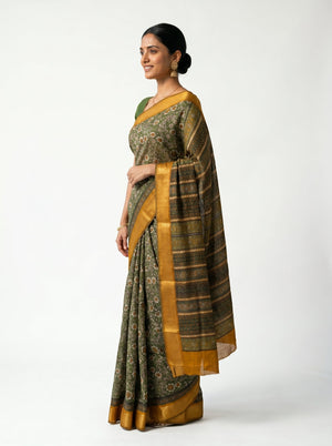Chanderi Cotton Olive Green Floral Printed Saree