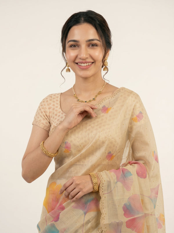 Tissue Cream Multicolor Floral Print Saree