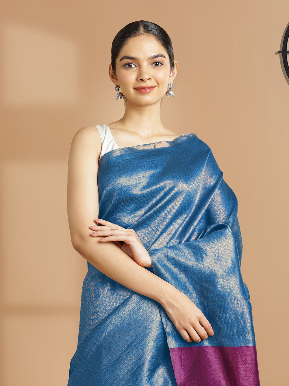 Peacock Blue Copper Zari Check Designed Art Silk Saree With Purple Border