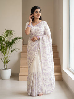 Mul Chanderi White Purple Floral Vine Outline Embroidery Scalloped Border Saree
