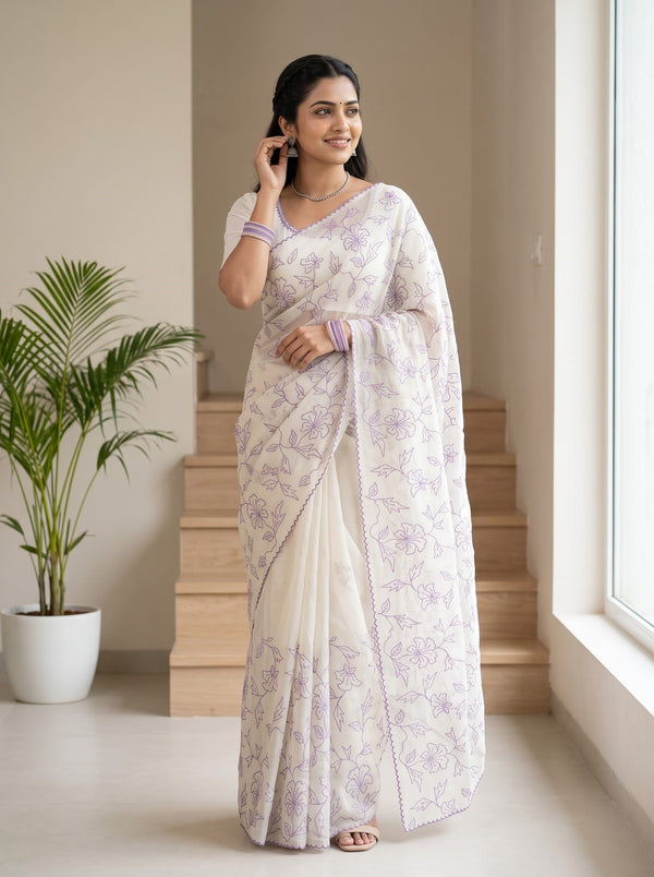 Mul Chanderi White Purple Floral Vine Outline Embroidery Scalloped Border Saree