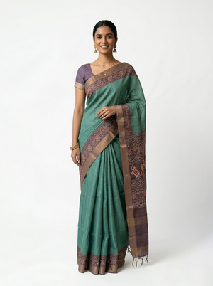 Semi Jute Sea Green Small Check Saree with Contrast Border