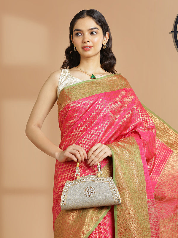 Bright Pink Waved Zari Designed Saree With Olive Green Border