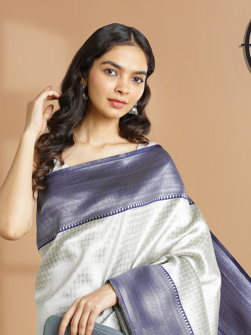 Pastel Grey Color Silver Woven Designed Art Silk Saree With Navy Blue Border