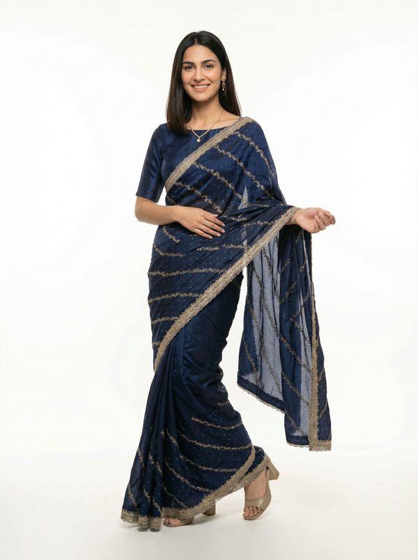 Shimmer Organza Blue Diagonal Stripe Designer Saree with Sequin Work and Embroidered Border