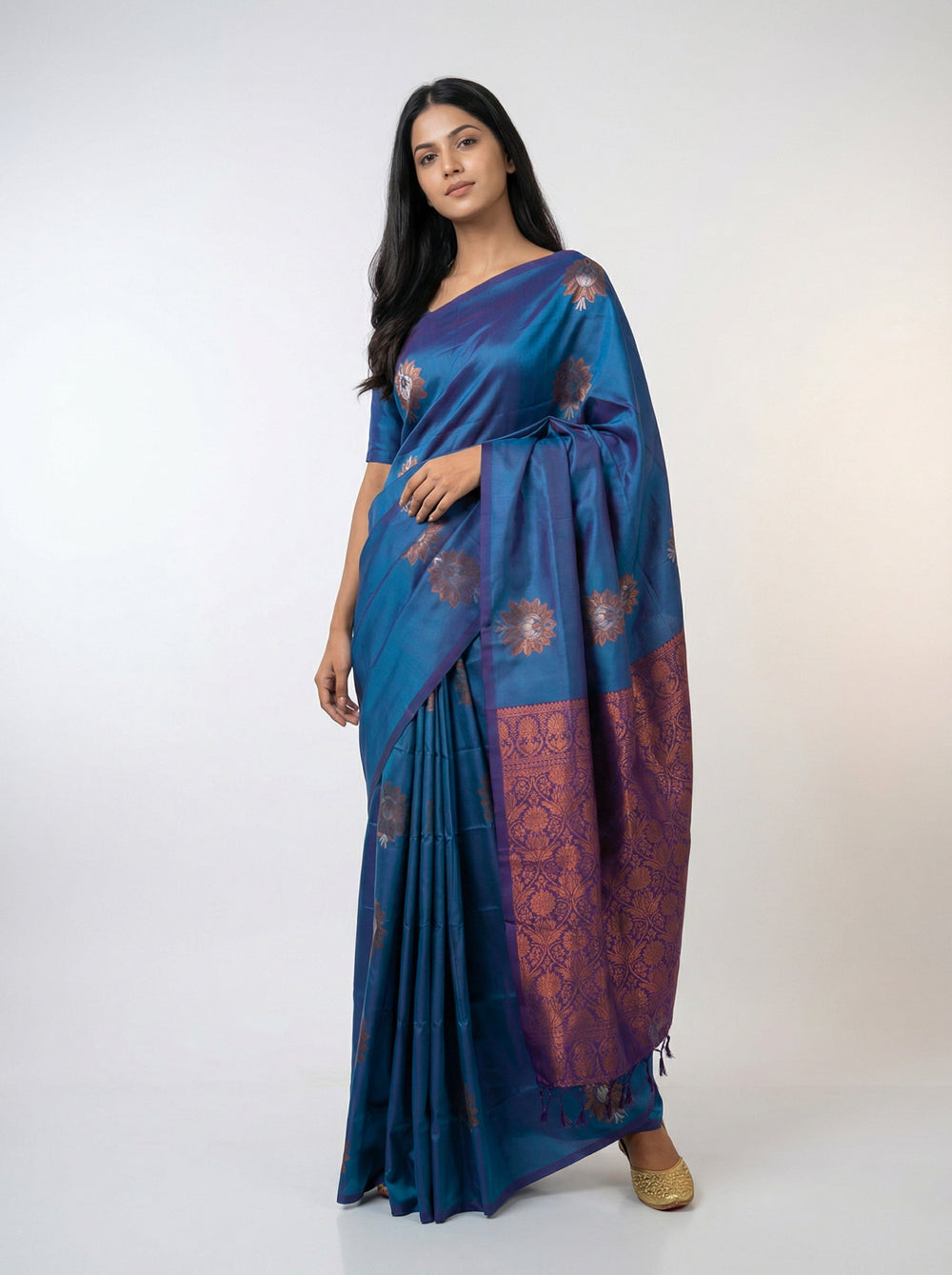 Semi Silk Peacock Blue Saree with Contrast Plum Violet Blouse