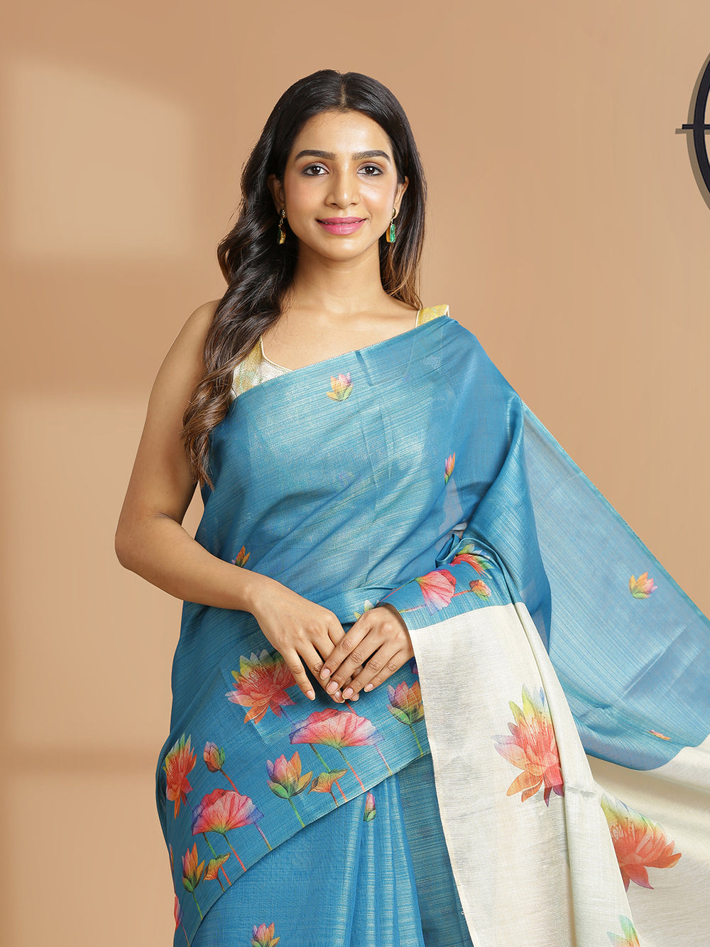 Peacock Blue Tissue Saree And Golden Color Pallu With Floral Print Design