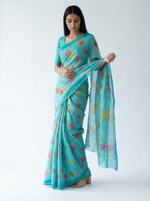 Cotton Sea Blue Leaf Printed Saree with Elegant Border