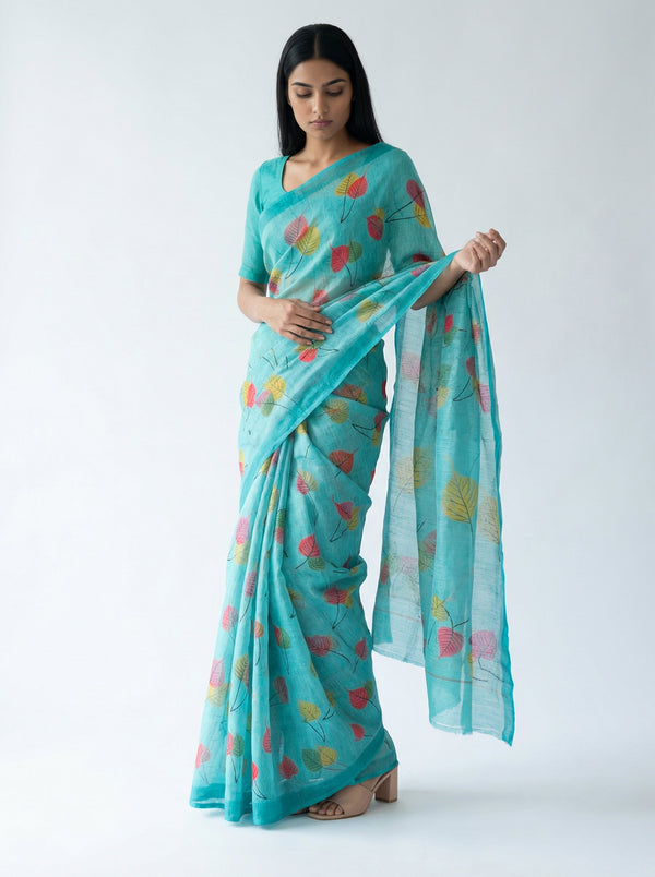 Cotton Sea Blue Leaf Printed Saree with Elegant Border