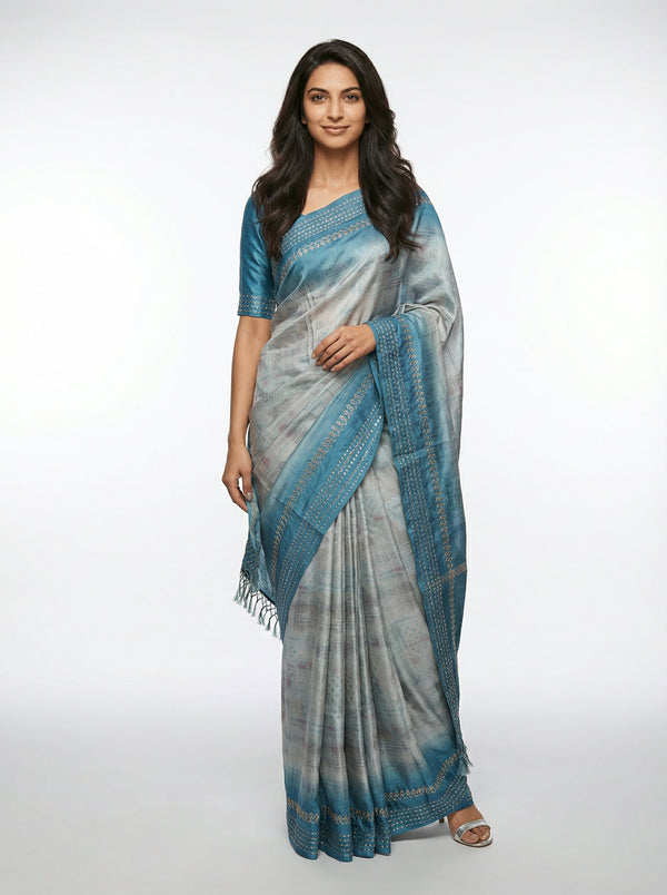 Semi Silk Light Ash Saree with Thread & Sequin Work