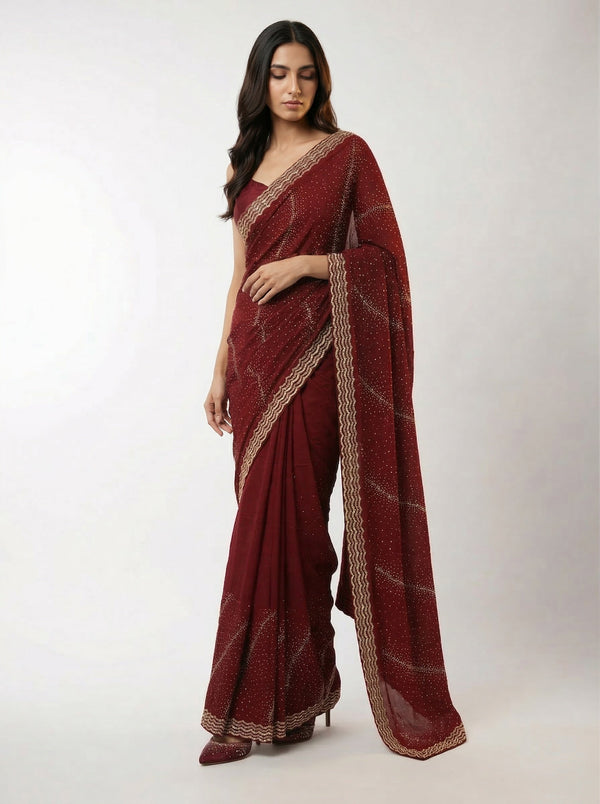 Vijithra Silk Rich Maroon Stone Work Party Wear Designer Saree