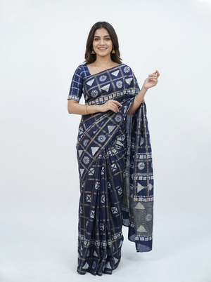 Chanderi Cotton Navy Blue Geometric Printed Saree
