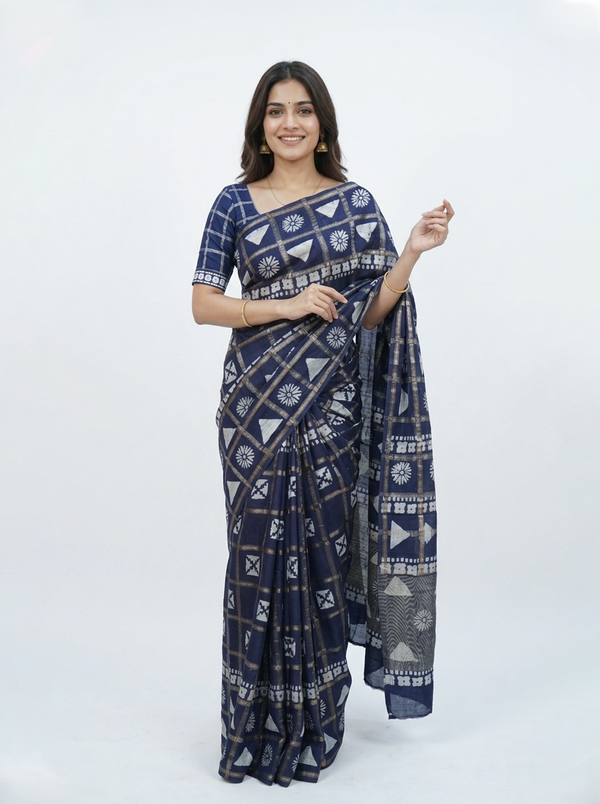 Chanderi Cotton Navy Blue Geometric Printed Saree