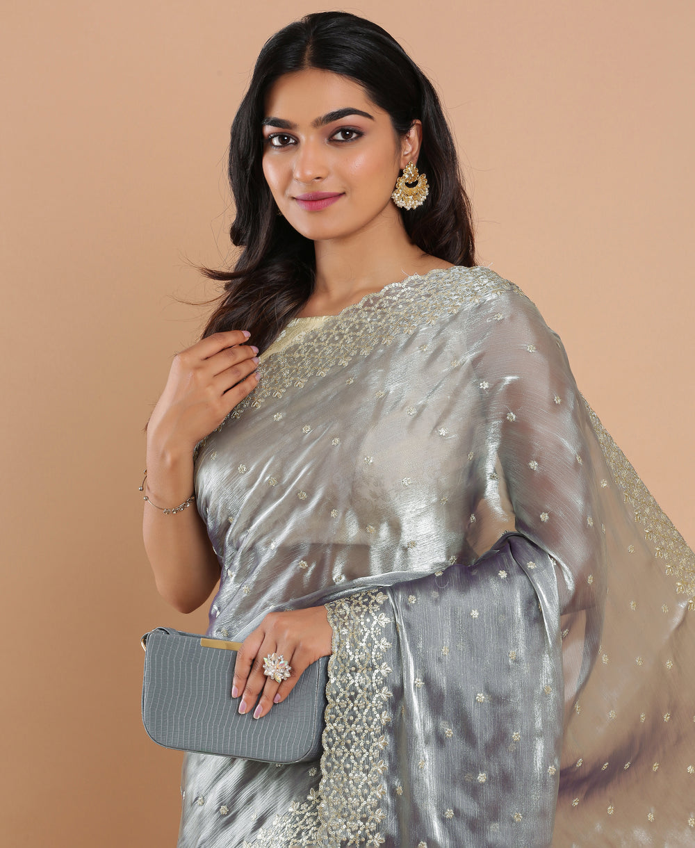 Organza Ethnic Wear Grey Colour Saree