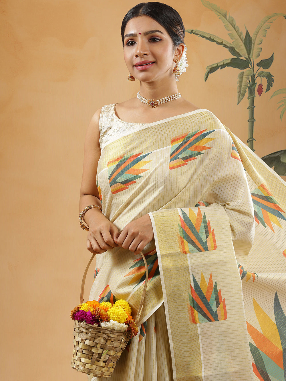 Golden Tissue Golden Border Striped Set Saree With Multi Color Abstract Print